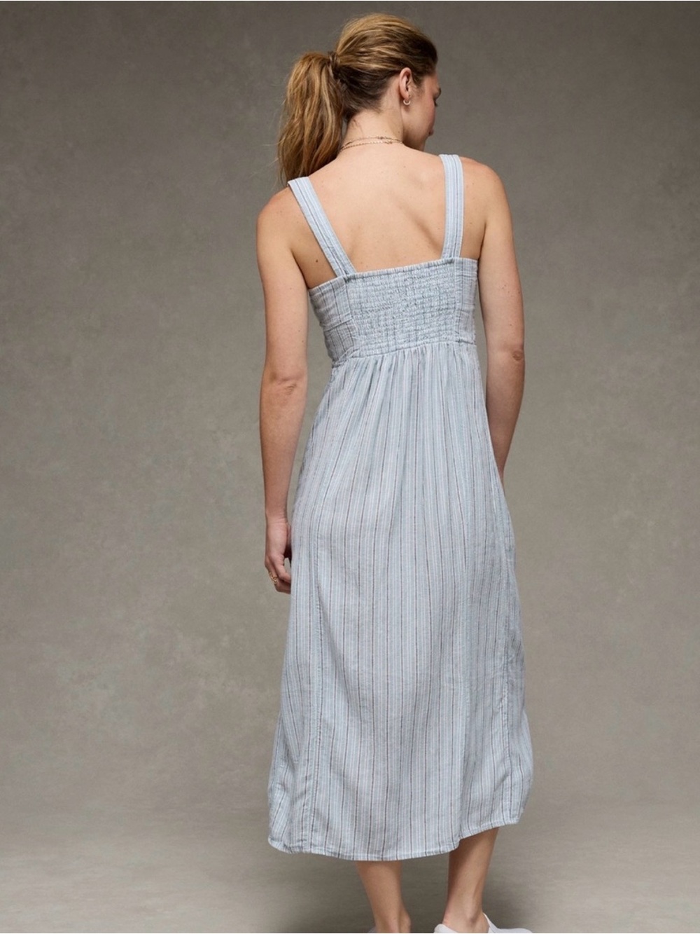 American Eagle Outfitters Light Blue Striped Midi Dress with Front Slit - Picture 2 of 4